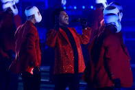 TAMPA, FLORIDA - FEBRUARY 07: The Weeknd performs during the Pepsi Super Bowl LV Halftime Show at Raymond James Stadium on February 07, 2021 in Tampa, Florida. (Photo by Mike Ehrmann/Getty Images)