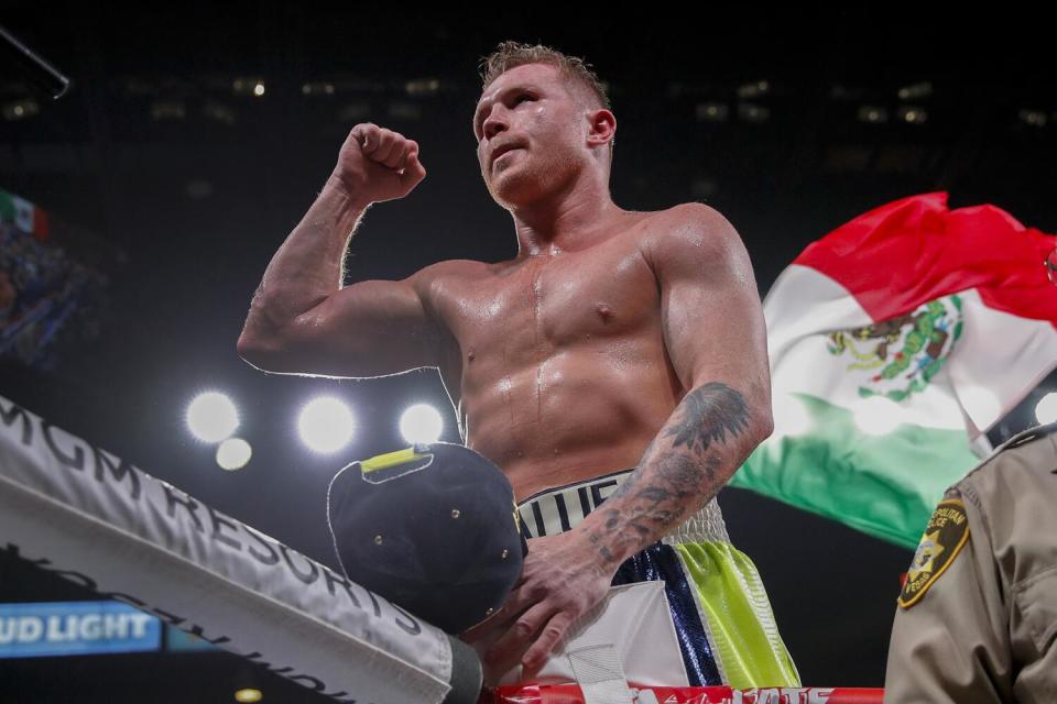 Canelo Álvarez celebrates after defeating Sergey Kovalev by knockout in a light heavyweight WBO title bout.