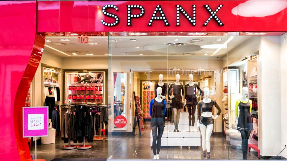 Tysons, USA - January 26, 2018: Spanx store sign entrance with vibrant red, pink color display in Tyson's Corner Mall in Fairfax, Virginia by Mclean.