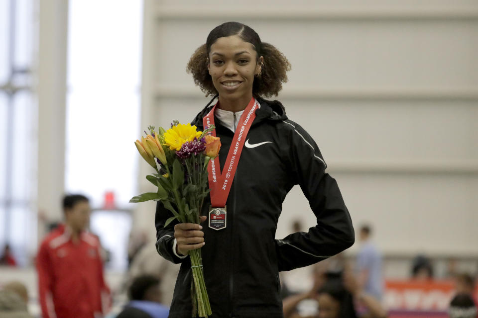 FILE— In this Feb. 23, 2019, file photo, Vashti Cunningham poses for photographers after winning the women’s high jump final at the USA Track & Field Indoor Championships in New York. Cunningham is one of the athletes who will be competing in the American Track League, which opens a four-week-long series on Sunday, Jan. 24, 2021 in an indoor setting at the University of Arkansas. (AP Photo/Julio Cortez. File)