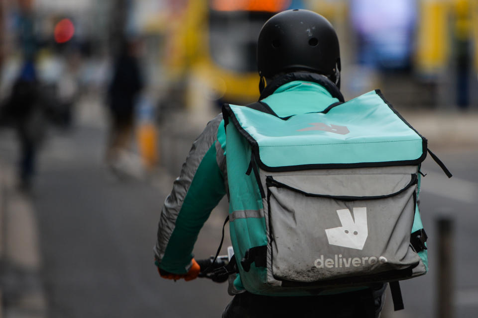 A Deliveroo courier seen in Dublin city center during Level 5 Covid-19 lockdown.  On Friday, 15 January, 2021, in Dublin, Ireland. (Photo by Artur Widak/NurPhoto via Getty Images)