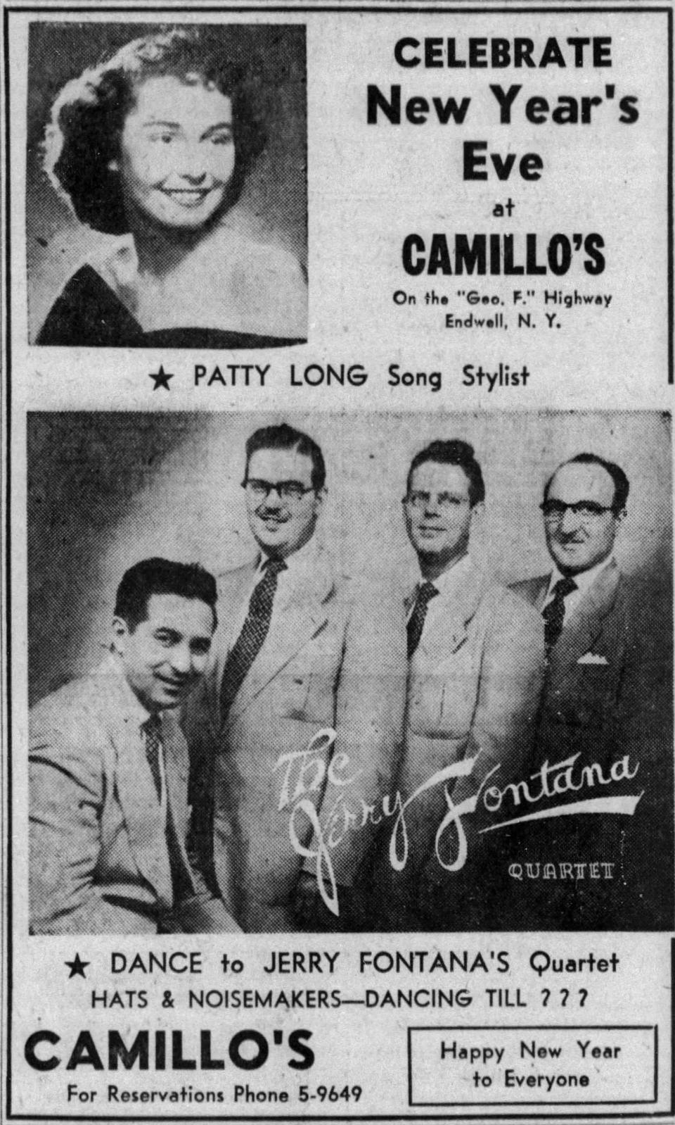 The ad for the Jerry Fontana Quartet performing at Camillo’s in Endicott in 1950.