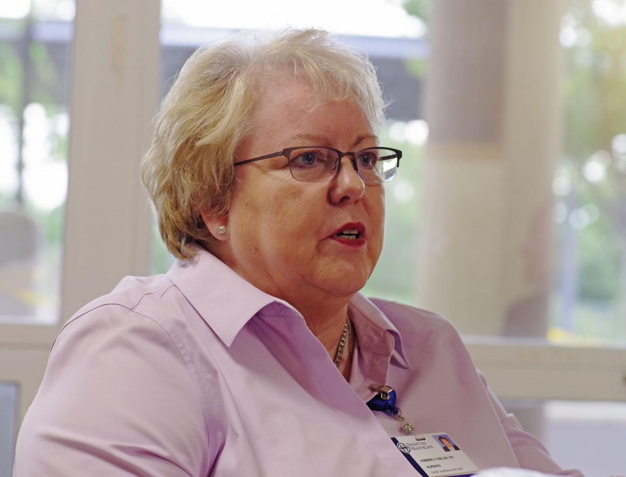 Chief Nursing Officer and Senior Vice President of Brockton Hospital Kim Walsh speaks about ongoing repairs to the facility on Wednesday, Aug. 2, 2023. The hospital has been shuttered since a 10-alarm fire on Feb. 7, 2023.