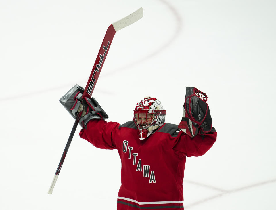 Ottawa goaltender Emerance Maschmeyer celebrates the team's shootout win against Boston in a PWHL hockey game Wednesday, April 24, 2024, in Ottawa, Ontario. (Sean Kilpatrick/The Canadian Press via AP)