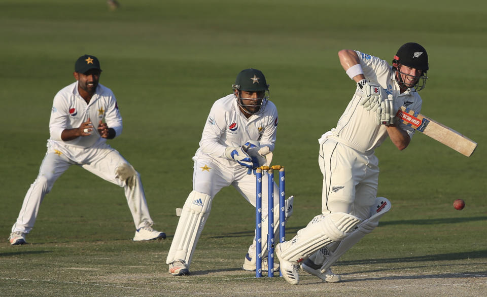 New Zealand's batsman Henry Nicholls plays a shot in their test match against Pakistan in Abu Dhabi, United Arab Emirates, Thursday, Dec. 6, 2018. (AP Photo/Kamran Jebreili)