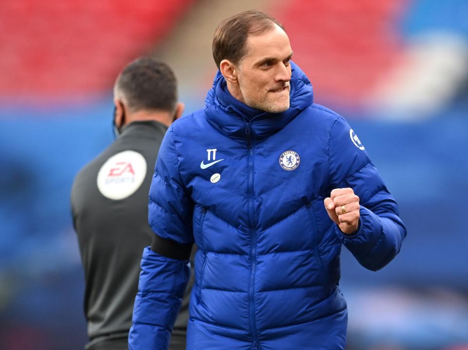 <p>Thomas Tuchel celebrates Chelsea’s victory</p> (The FA via Getty Images)