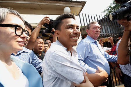 Reuters reporter Kyaw Soe Oo reacts after being freed from Insein prison after receiving a presidential pardon in Yangon, Myanmar, May 7, 2019. REUTERS/Ann Wang