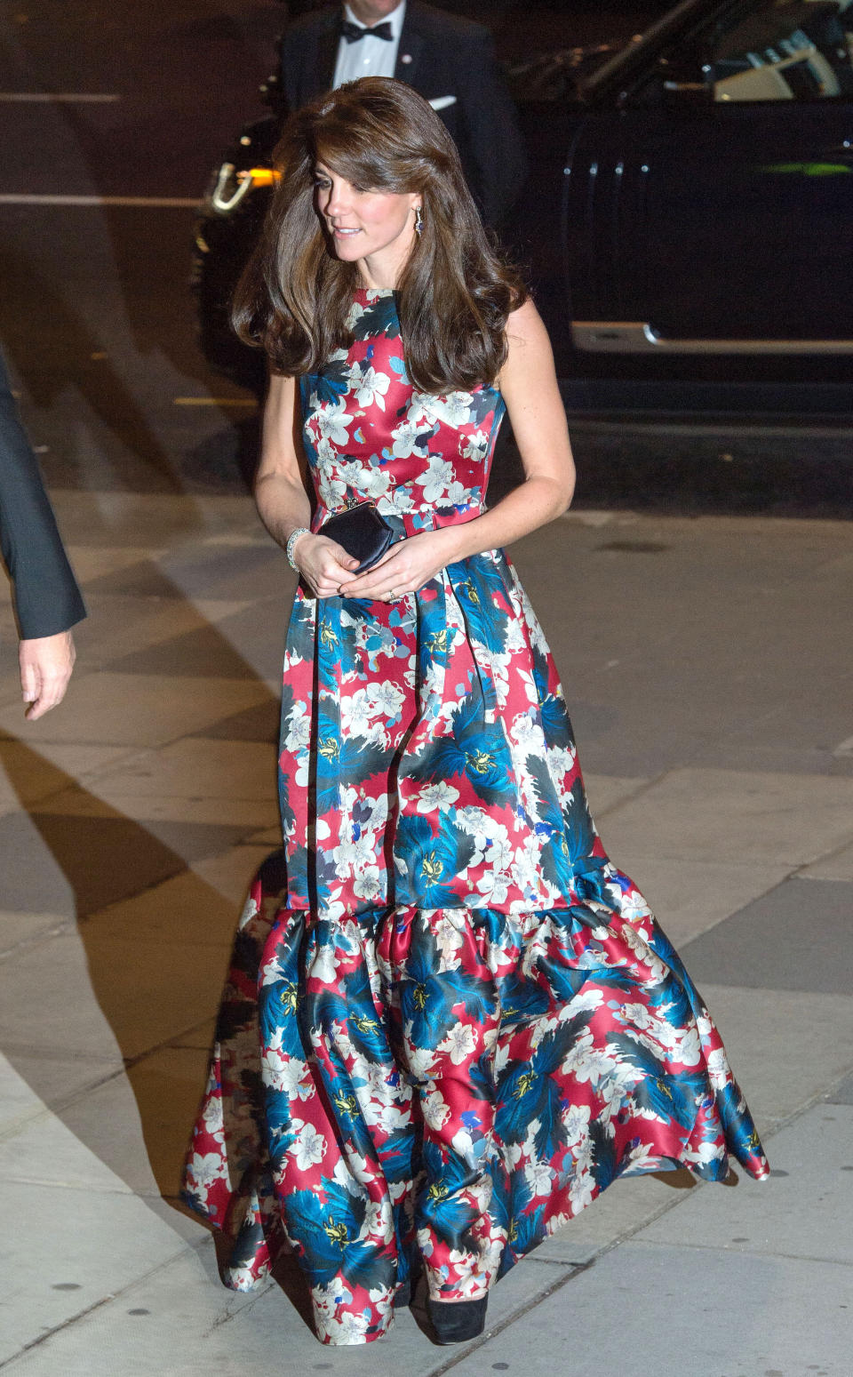 <p>The Duchess went for an unusually louder look for a dinner in London back in October 2015. Dressed in a floral silk gown by Erdem, she carried an Anya Hindmarch clutch and finished with suede Jimmy Choos. <em>[Photo: Getty]</em> </p>