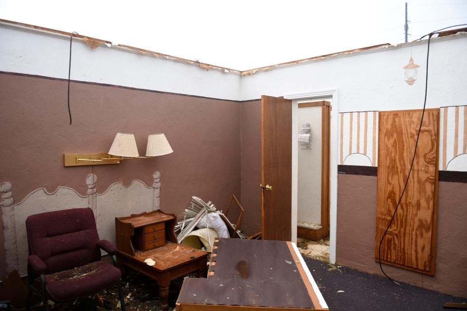 The roof of the Bille Dean's Motel is removed by a tornado, Thursday, June 22, 2023, in Matador, Texas.