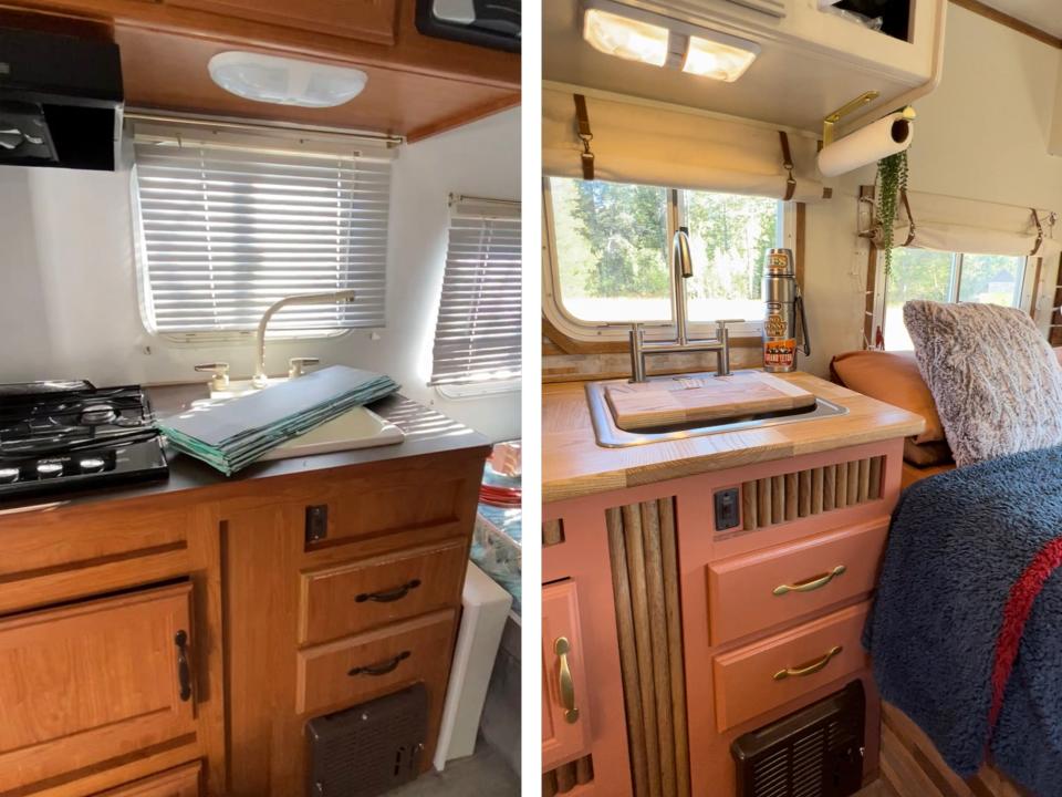 A before and after comparison of their kitchenette.