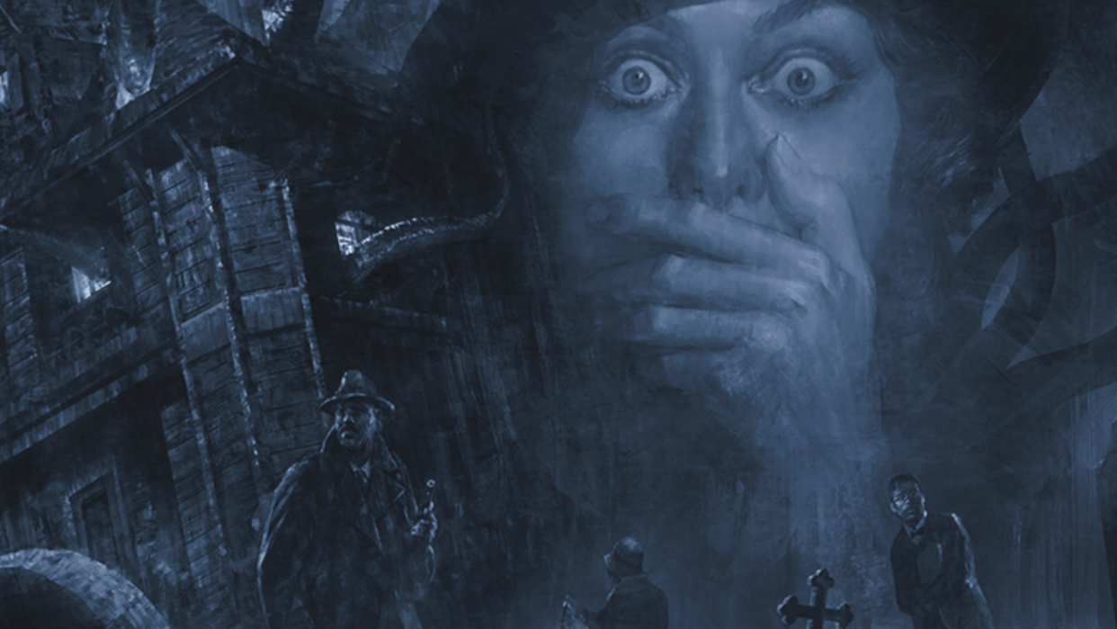  An image from the Call of Cthulhu quickstart rules, showing a rugged investigator, a terrified woman with a hand clasped over her mouth, and a dingy dark scene where horrors lurk in the dark. 