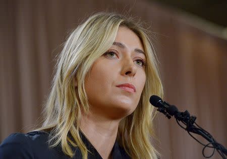 Russian tennis player Maria Sharapova speaks to the media announcing a failed drug test after the Australian Open during a news conference in Los Angeles, California, in this March 7, 2016 file photo. REUTERS/Jayne Kamin-Oncea-USA TODAY Sports/Files