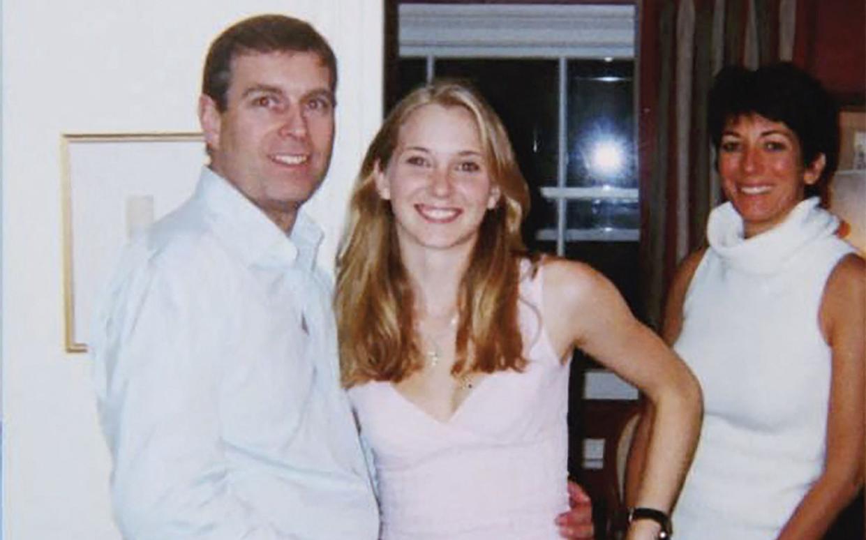 Prince Andrew with Virginia Giuffre and Ghislaine Maxwell in a photograph said to have been taken in London in 2001