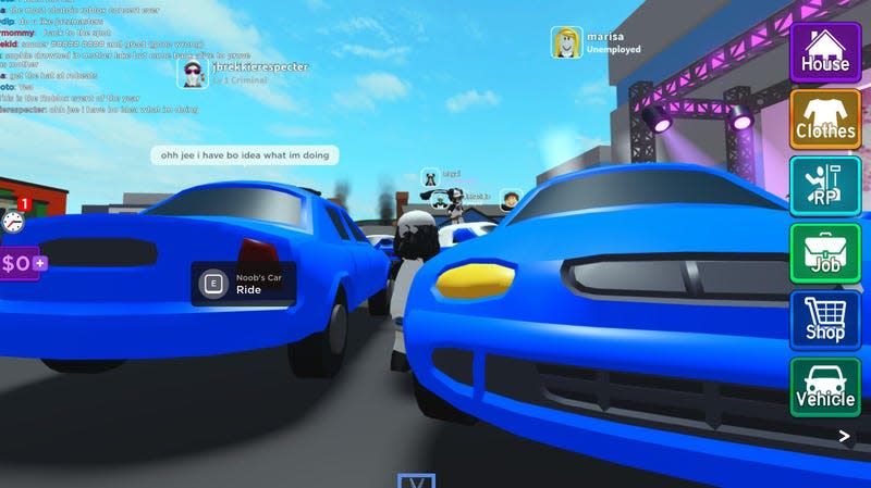 Two blue cars crush a Roblox character.