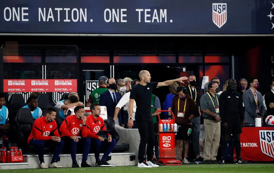 United States' head coach Gregg Berhalter watches his team take on Costa Rica in the first half in their World Cup qualifier at Lower.com Field in Columbus, Ohio on October 13, 2021. 