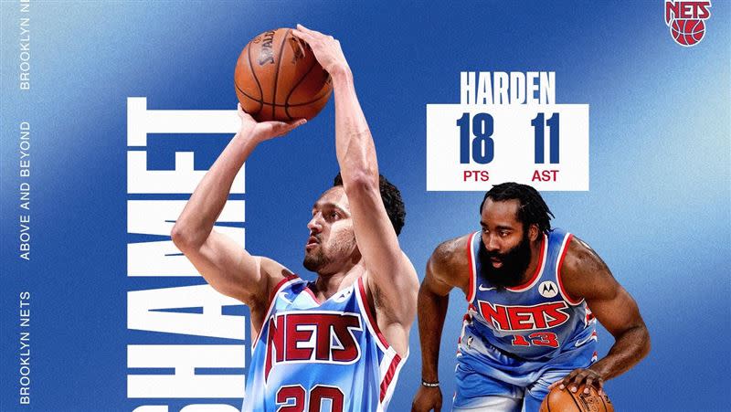 哈登（James Harden）傷後復出，替補上場18分11助攻7籃板。（圖／翻攝自籃網推特）