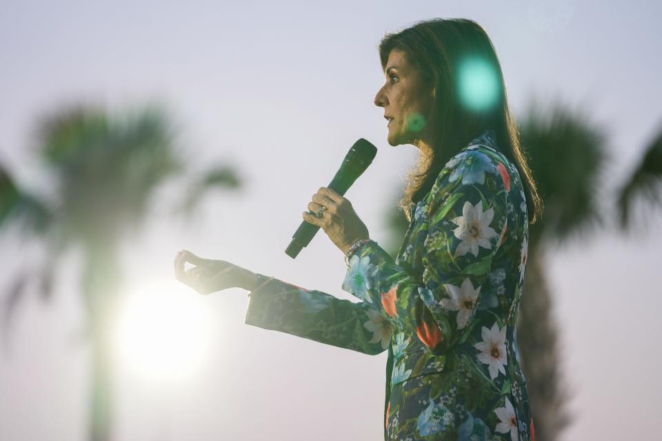 Republican presidential candidate and former UN Ambassador Nikki Haley campaigns on Feb. 21, 2024, in Beaufort, S.C.