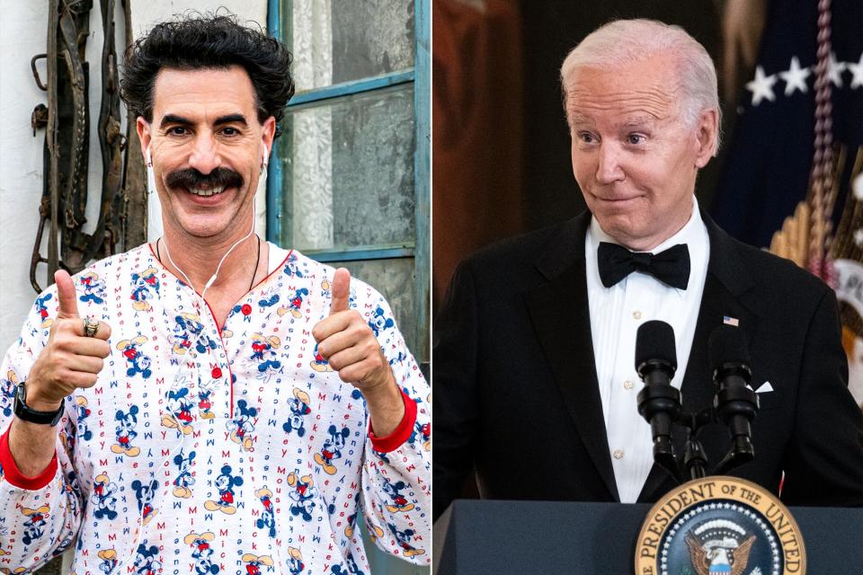 Borat Subsequent Moviefilm Sacha Baron Cohen; President Joe Biden speak during he Kennedy Center Honorees reception in the East Room of the White House on Sunday, December 4, 2022