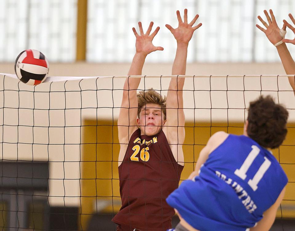 Wildcat Luke Thompson tries to block a spike from Wamps captain Anthony Volpe on Thursday May 16, 2024