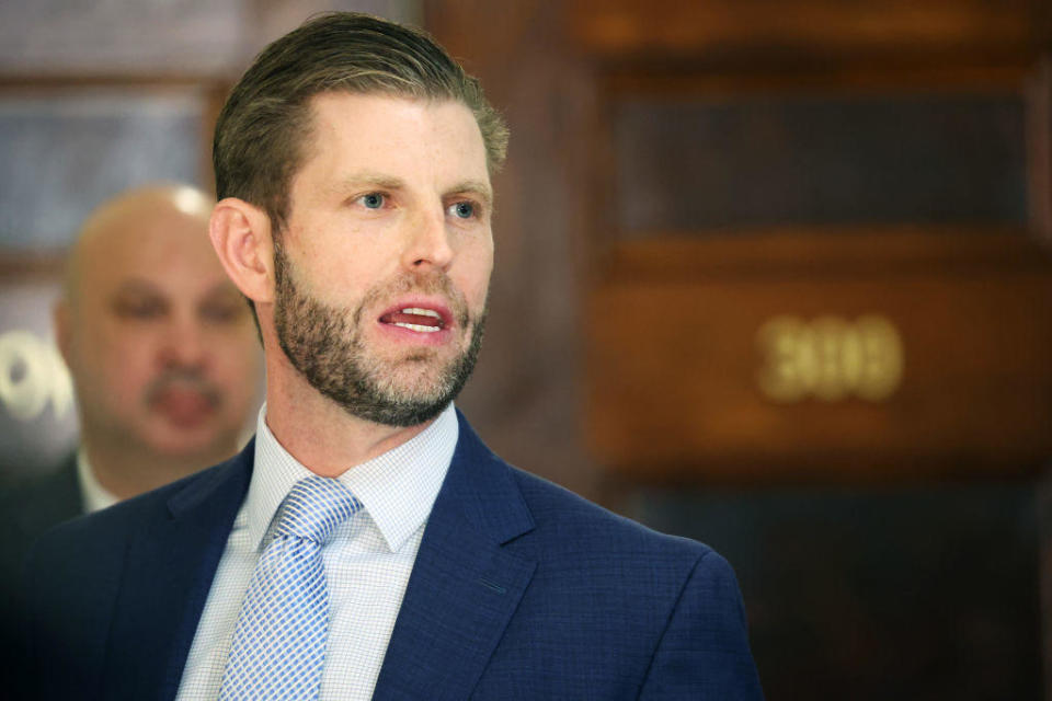 Eric Trump speaks to the media as he leaves the civil fraud trial where he testified at New York State Supreme Court on Nov. 3, 2023, in Manhattan. / Credit: Spencer Platt/Getty Images