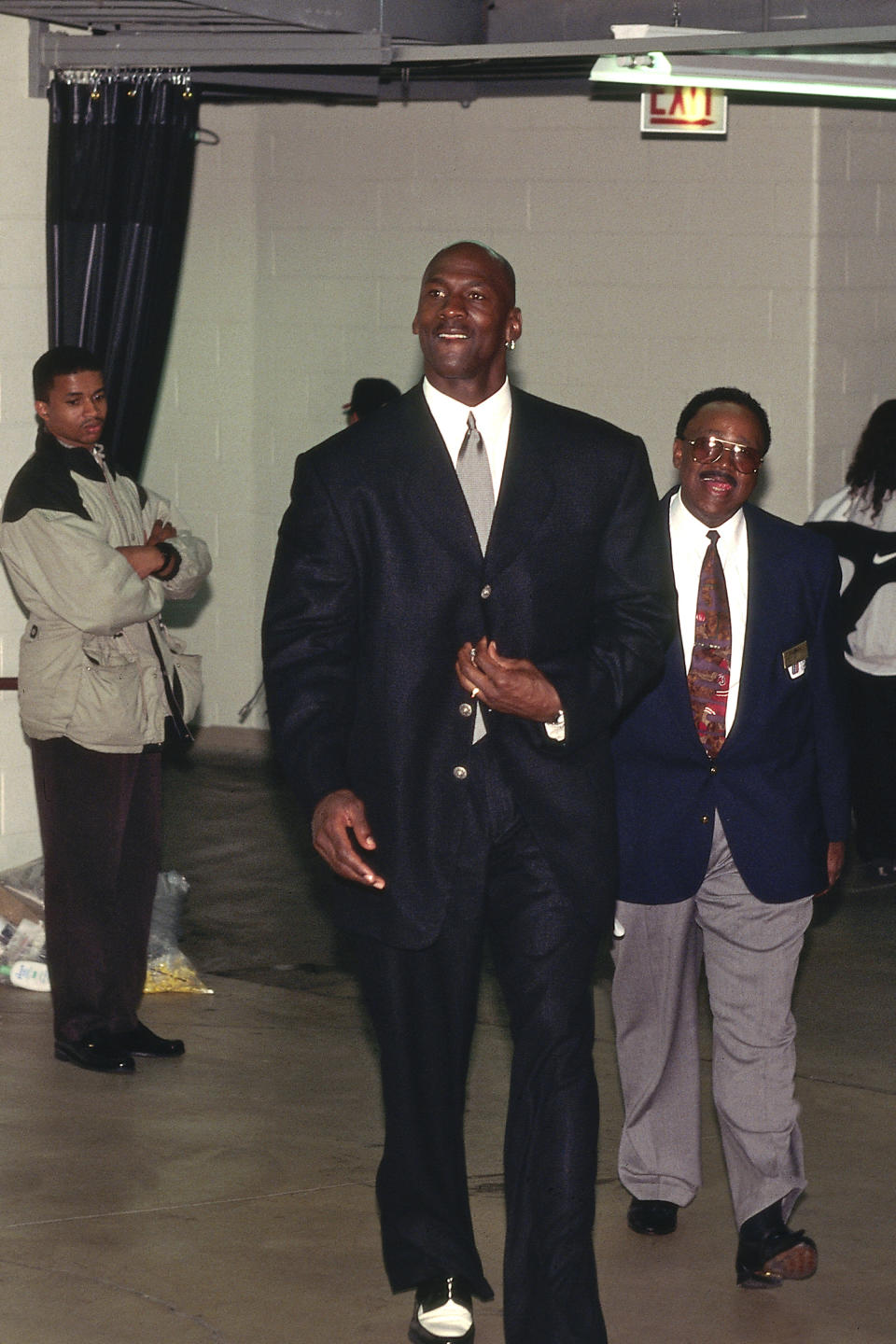 Michael Jordan arrives at the arena before Game 5 of the 1997 Eastern Conference Finals against the Miami Heat on May 28, 1997, in Chicago, Illinois. (Photo by Steve Woltman/NBAE via Getty Images)