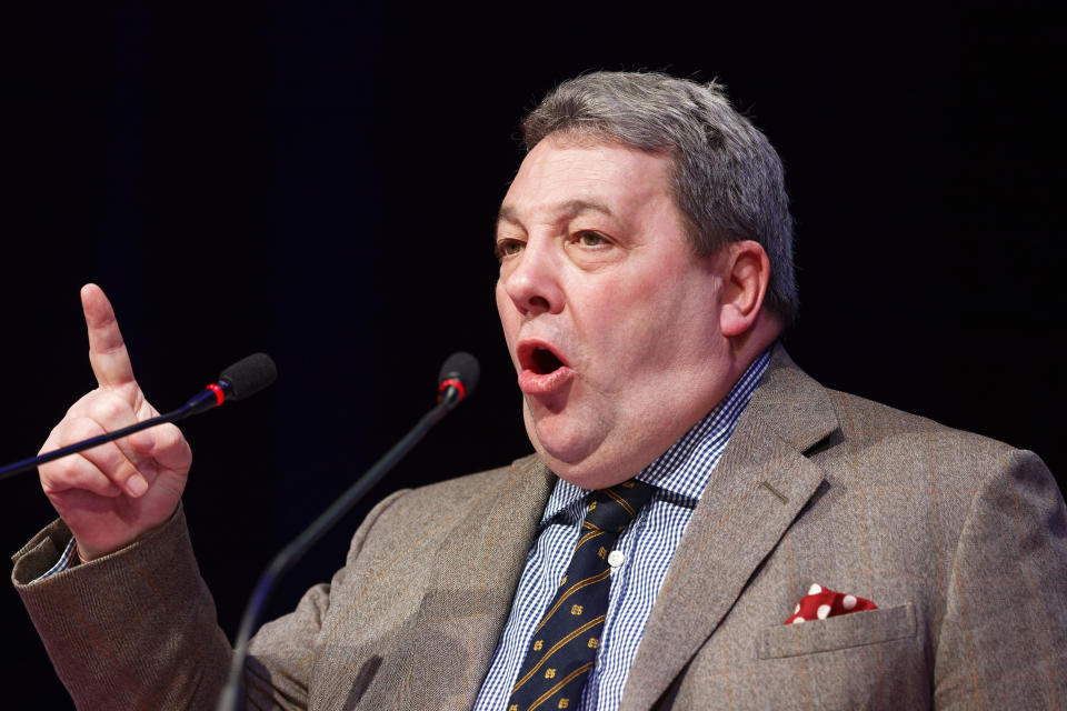 ARRAS, FRANCE - FEBRUARY 18:  Scottish UKIP leader David Coburn delivers a speech during the first congress of "Les Patriotes" on February 18, 2018 in Arras, France.  Marine le Pen's former Vice-President Florian Philippot has launched a new anti-EU movement named "Les Patriotes". (Photo by Sylvain Lefevre/Getty Images)