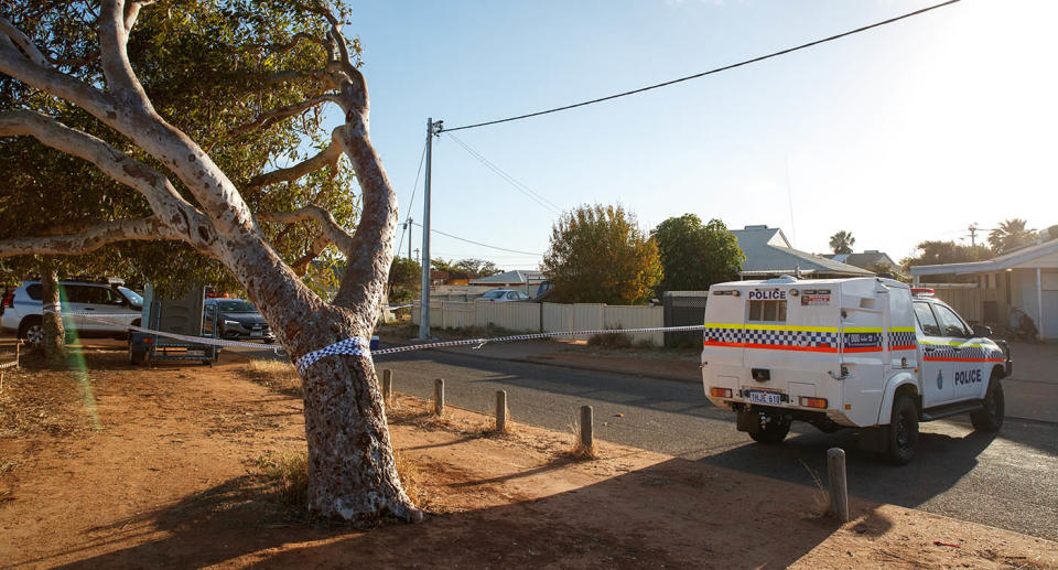 Police vehicles are seen outside the house where missing girl Cleo Smith (4) was rescued by Western Australian Police.