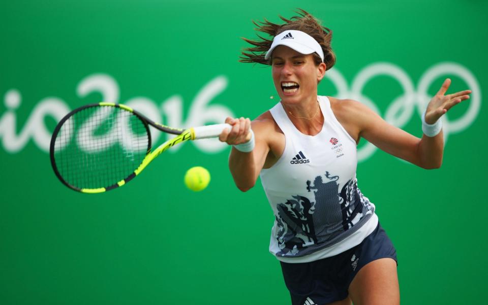 Johanna Konta of Great Britain plays a forehand during the Women's Singles second round match against Caroline Garcia of France on Day 3 of the Rio 2016 Olympic Games at the Olympic Tennis Centre on August 8, 2016 in Rio de Janeiro, Brazil. - GETTY IMAGES