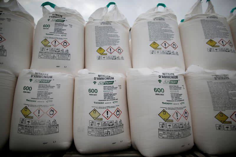 FILE PHOTO: Bags containing ammonium nitrate fertilizer are dispalyed at an agricultural trader in Vieillevigne