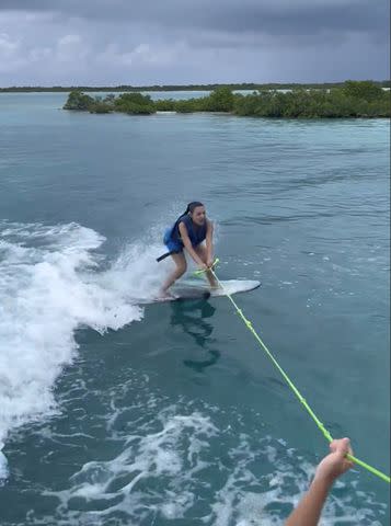 <p>Kim Kardashian/Instagram</p> Kim Kardashian during a watersports session. The SKIMS founder posted blooper videos of her falling off a wakeboard on her Instagram Story Tuesday