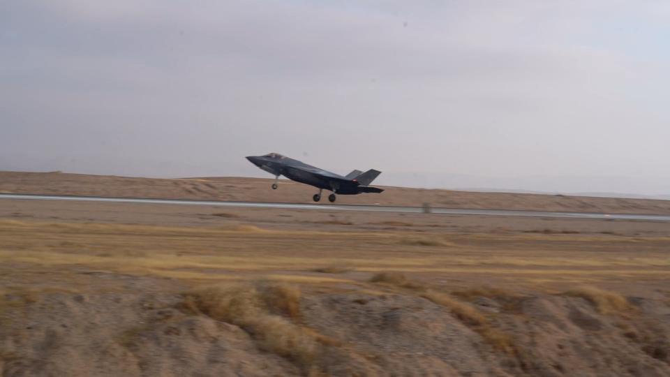 Israeli Air Force F-35 Lightning 'Adir' fighter jet lands at a location given as Nevatim Airbase after an aerial defense mission, in Israel, in this screen grab taken from a handout video released on April 14, 2024.