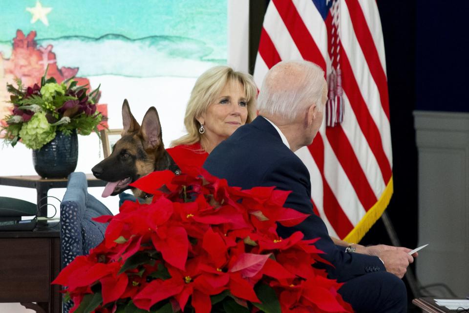 US President Joe Biden and First Lady Jill Biden sit with their dog Commander