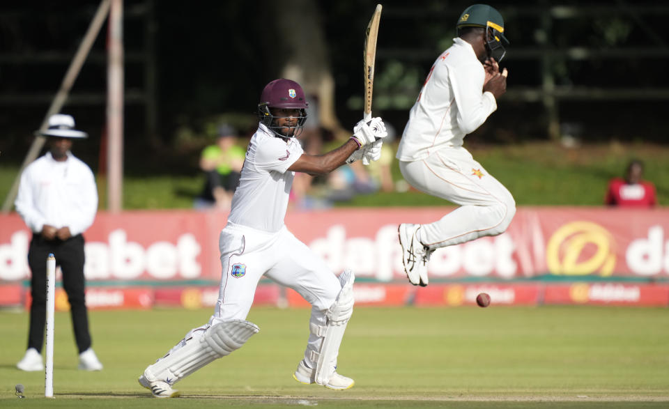 West Indies batsman Kraigg Brathwaite plays a shot on the second day of the Test cricket match between Zimbabwe and West Indies at Queens Sports Club in Bulawayo, Zimbabwe, Sunday,Feb, 5, 2023. (AP Photo/Tsvangirayi Mukwazhi)