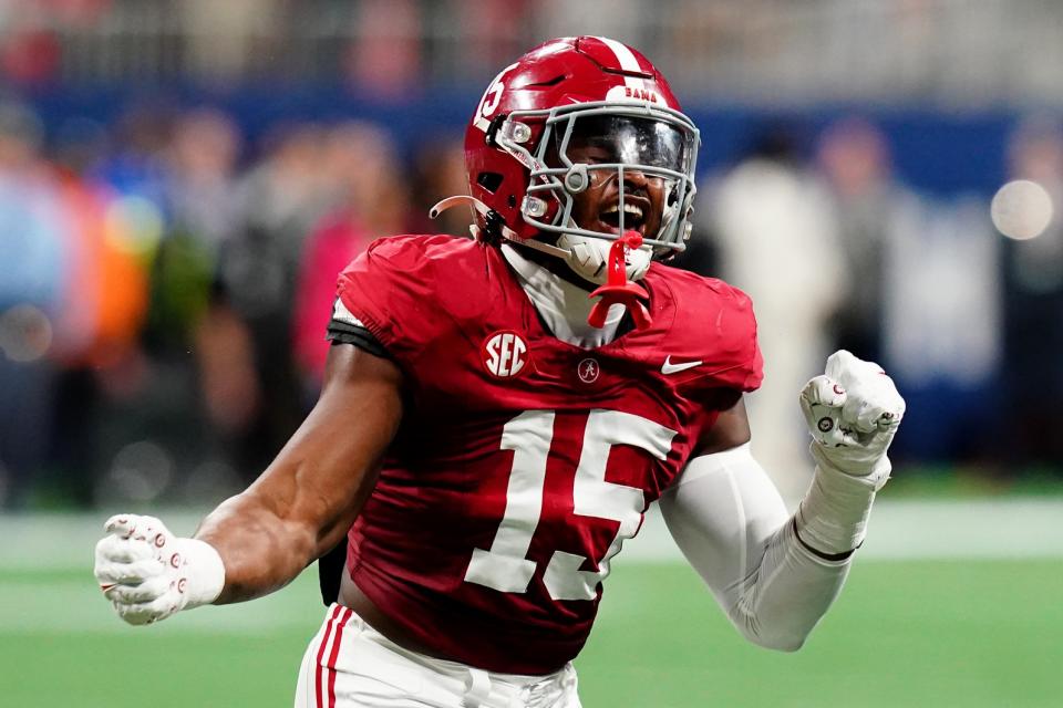 Dec 2, 2023; Atlanta, GA, USA; Alabama Crimson Tide linebacker Dallas Turner (15) celebrates after a sack in the second quarter against the Georgia Bulldogs in the SEC Championship at Mercedes-Benz Stadium. Mandatory Credit: John David Mercer-USA TODAY Sports