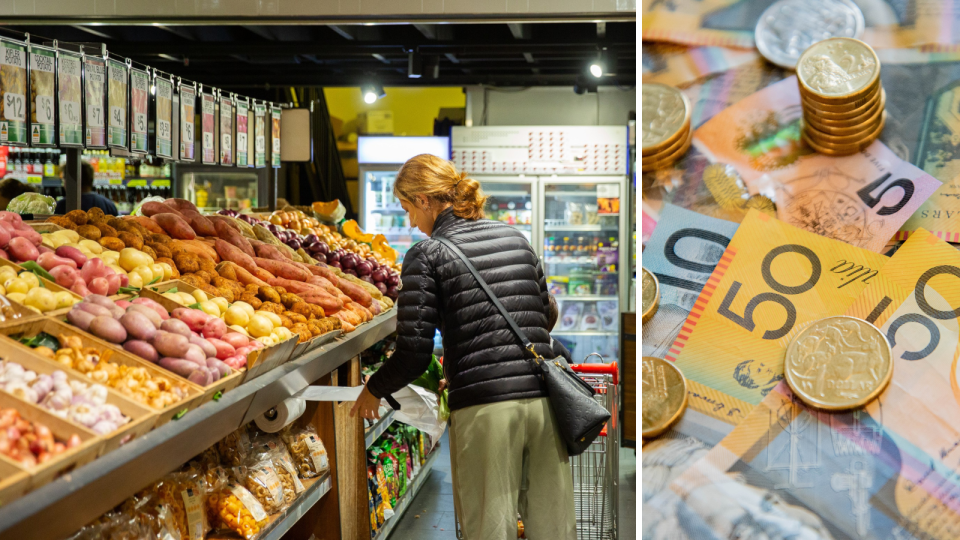 Woman grocery shopping. Australian money. Grocery savings hack concept.