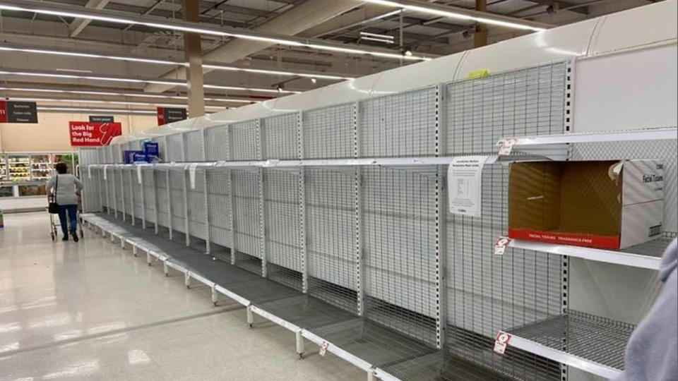 Empty shelves at Coles in Mildura amid coronavirus panic-buying.