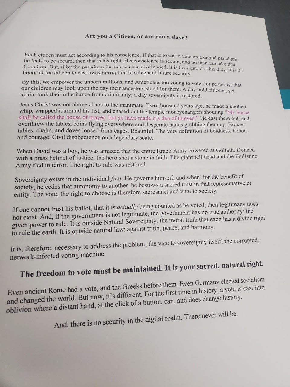 Aaron Grant left documents about natural sovereignty at the auditor's office the day he damaged the computer.