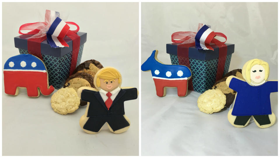 You may think it's hard to swallow some of the things the candidates say, but you won't have trouble swallowing these cookies made to look like Trump and Clinton. They aren't completely accurate: the <a href="http://www.harvardsweetboutique.com/p-476-hillary-clinton-election-cookies.aspx" target="_blank">Clinton cookie</a> isn't wearing a pantsuit and the <a href="http://www.harvardsweetboutique.com/p-478-donald-trump-election-cookies.aspx" target="_blank">Trump cookie</a> shows signs of being palatable. (<a href="http://www.harvardsweetboutique.com" target="_blank">HarvardSweetBoutique</a>, $40 per box)