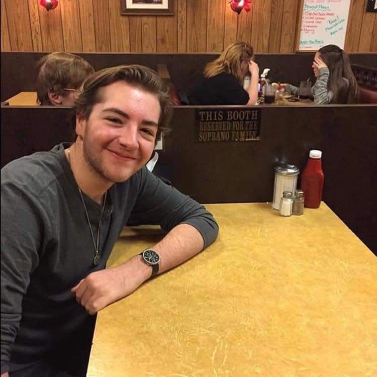 Michael Gandolfini sits in the booth at Holsten's in Bloomfield in March 2019 made famous by his father in "The Sopranos."
