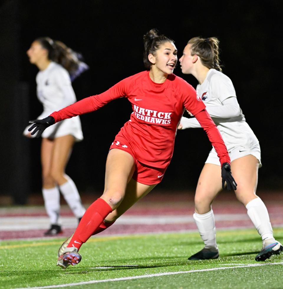 Nov 14, 2023; Boston, MA, USA; Natick junior Olivia Penn celebrates a goal during the Division 1 state semifinal soccer game versus Brookline at BC High. Natick defeated Brookline, 5-2. Mandatory Credit: David Sokol-The Metrowest Daily News