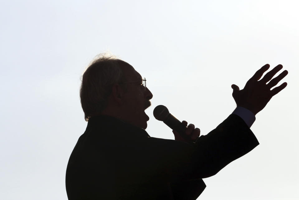 FILE - Kemal Kilicdaroglu, leader of Turkey's main opposition Republican People's Party, CHP, addresses a rally in Ankara, Turkey, on Sunday, May 31, 2015. Kilicdaroglu, the main challenger to President Recep Tayyip Erdogan in the May 14l election, cuts a starkly different figure than the incumbent who has led the country for two decades. As the polarizing Erdogan has grown increasingly authoritarian, Kilicdaroglu has a reputation as a bridge builder and vows to restore democracy. (AP Photo/Burhan Ozbilici, File)