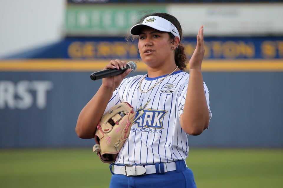 Oklahoma City's Jocelyn Alo speaks to the crowd before the Women's Professional Fastpitch softball league opening game between Oklahoma City Spark and the Smash It Sports Vipers at the University of Central OklahomaÕs Gerry Pinkston Stadium in Edmond, Thursday, June 15, 2023.