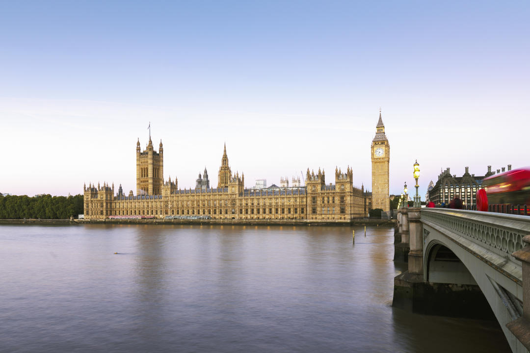 UK, London, River Thames view of the iconic British landmark with Westminster Bridge