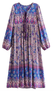 R.Vivimos Women's Long Sleeve Bohemian Midi Dress (Purple)