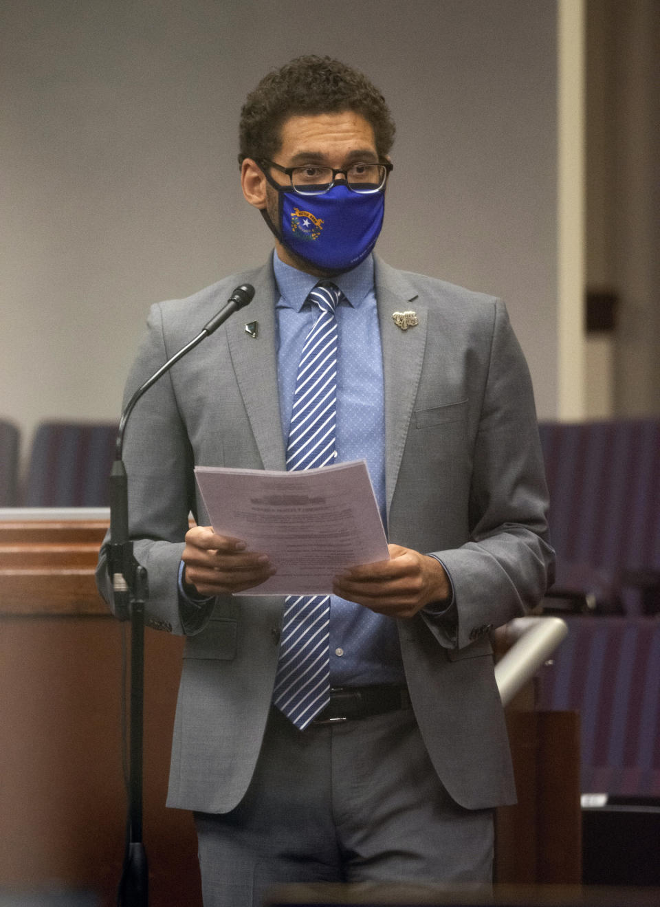 FILE - Assemblyman Howard Watts speaks during the sixth day of the 31st Special Session of the Nevada Legislature in Carson City, Nev., on Tuesday, July 14, 2020. Lawmakers in Nevada and California are advancing legislation to remove involuntary servitude from their state constitutions, a move that follows four states that purged forced labor from the books in ballot measures last fall. (David Calvert/The Nevada Independent via AP, Pool, File)