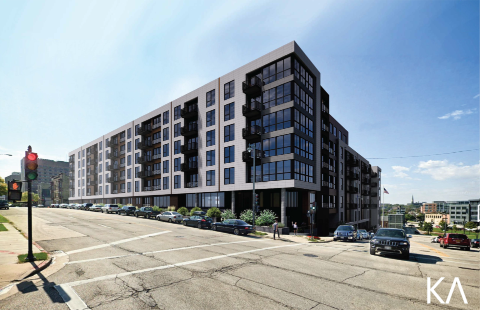 LG Development Group's planned apartment project is on a hillside site next to downtown Milwaukee's Park East strip.