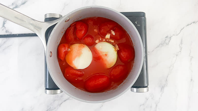 tomatoes and onion in saucepan