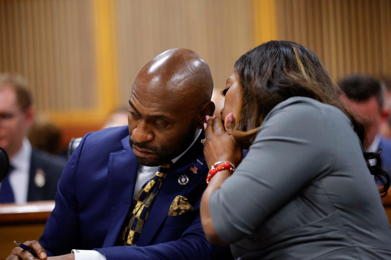 Special prosecutors Nathan Wade (L) listens to Fulton County Executive District Attorney Daysha Young during final arguments in the District Attorney Fani Willis disqualification hearing at the Fulton County Courthouse on March 1, 2024, in Atlanta, Georgia. Fulton County Superior Judge Scott McAfee is considering a motion to disqualify Willis over her romantic relationship with Wade, whom she appointed as special prosecutor in the election interference charges against former US President Donald Trump. (Photo by Alex Slitz / POOL / AFP) (Photo by ALEX SLITZ/POOL/AFP via Getty Images) ORG XMIT: 776022538 ORIG FILE ID: 2043987088