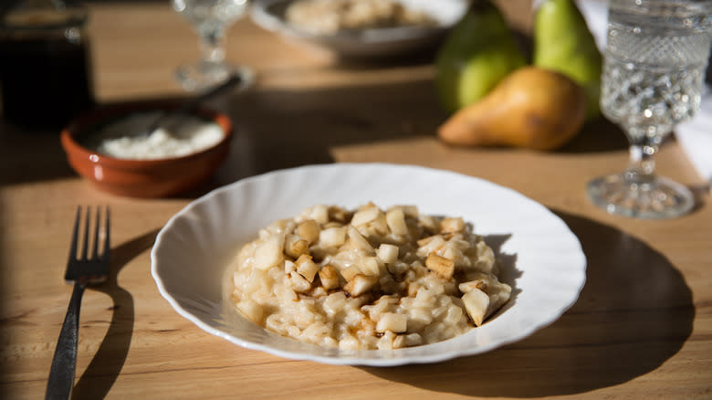 pear balsamic risotto in dish 