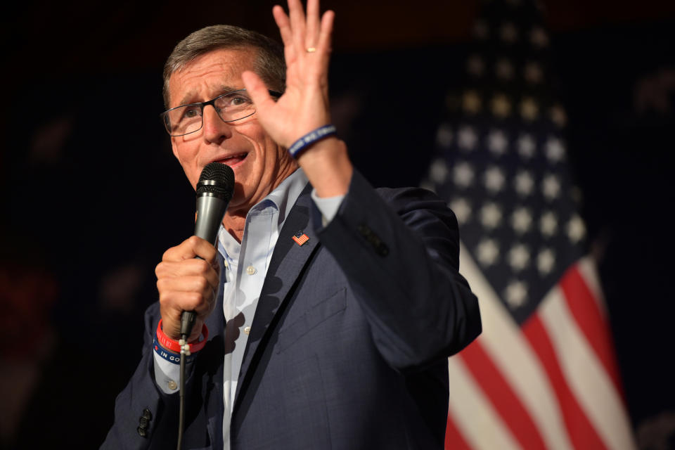 Retired United States Army General Michael Flynn delivers a speach to a crowded barn full of supporters during a campaign event for U.S. Senate candidate Josh Mandel on April 21, 2022 at Mapleside Farms in Brunswick, Ohio. (Dustin Franz/Getty Images)